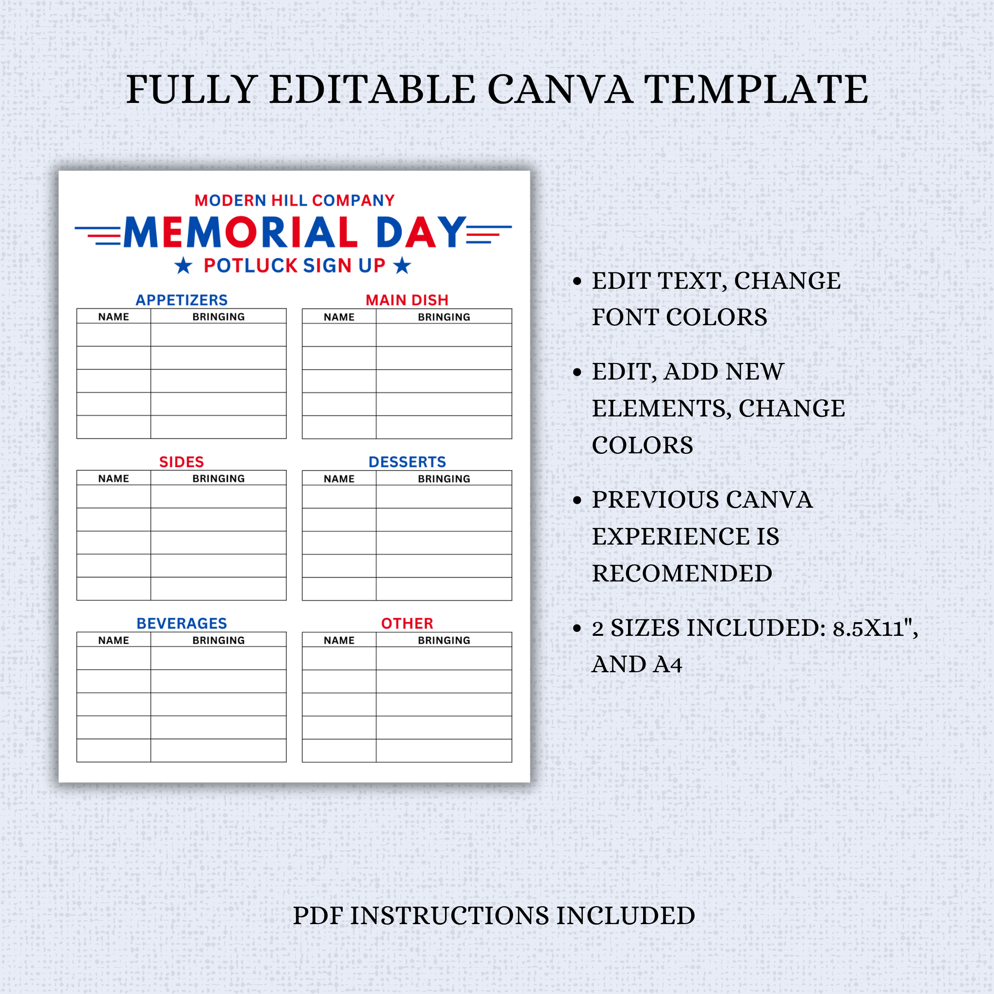 Memorial Day Potluck Sign Up Sheet Template
