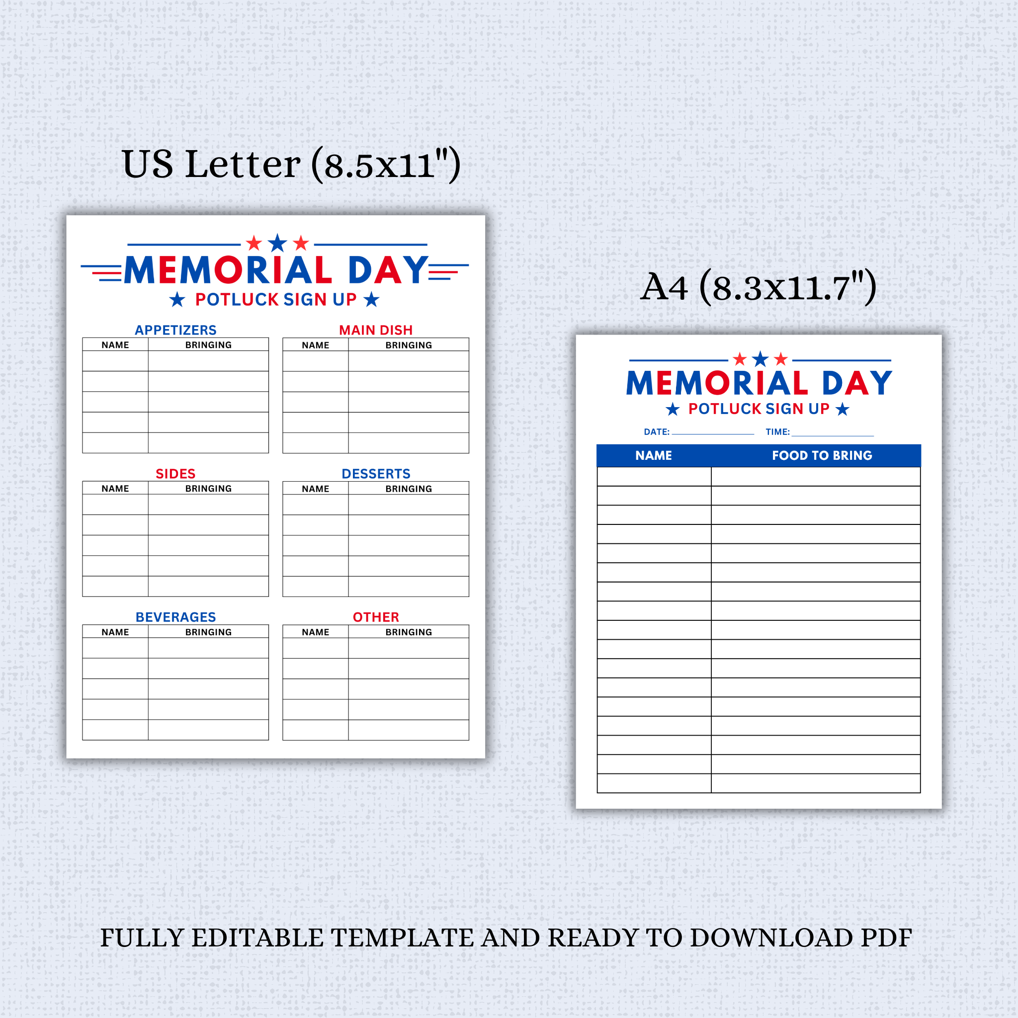 Memorial Day Potluck Sign Up Sheet Template