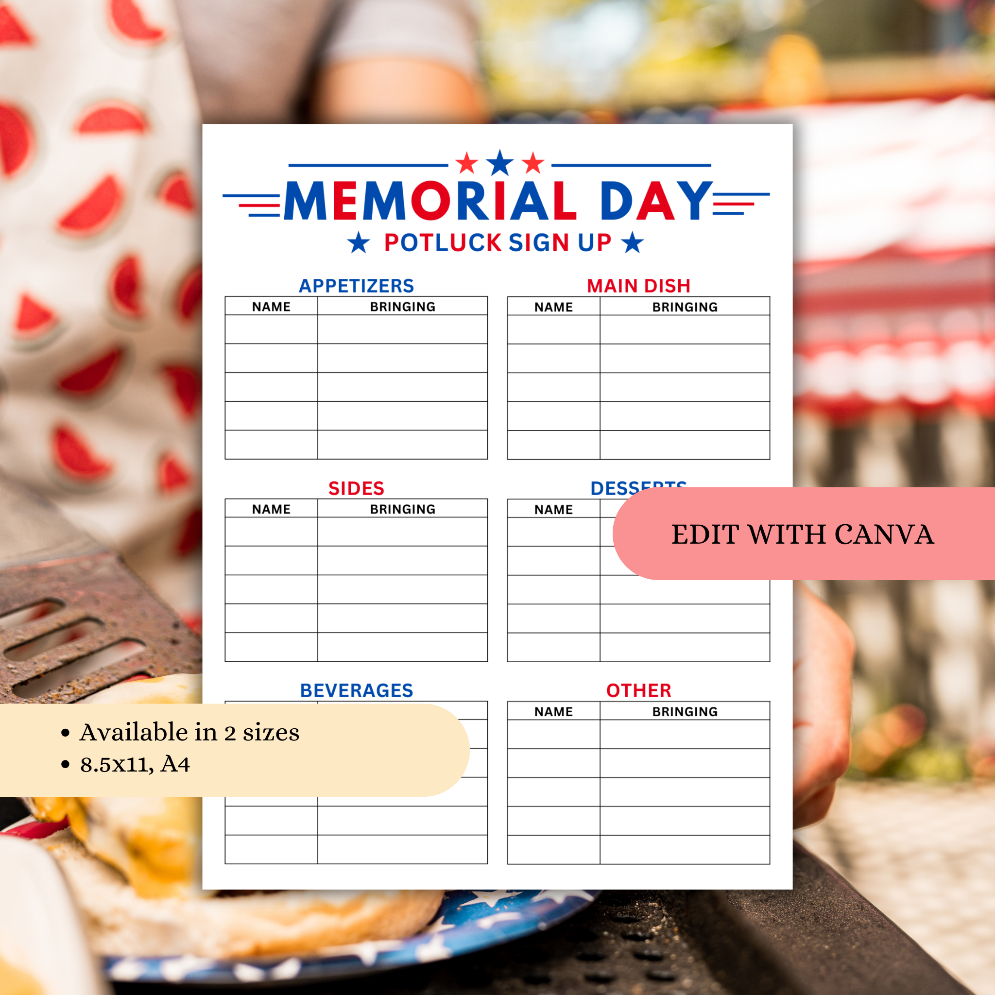 Memorial Day Potluck Sign Up Sheet Template