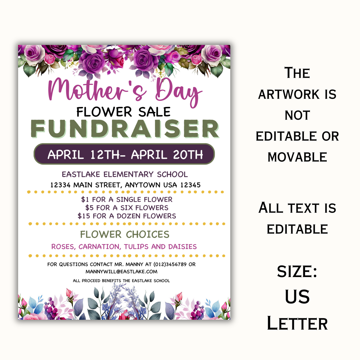 Mother's Day Flower Sale Fundraiser Flyer - Editable Template