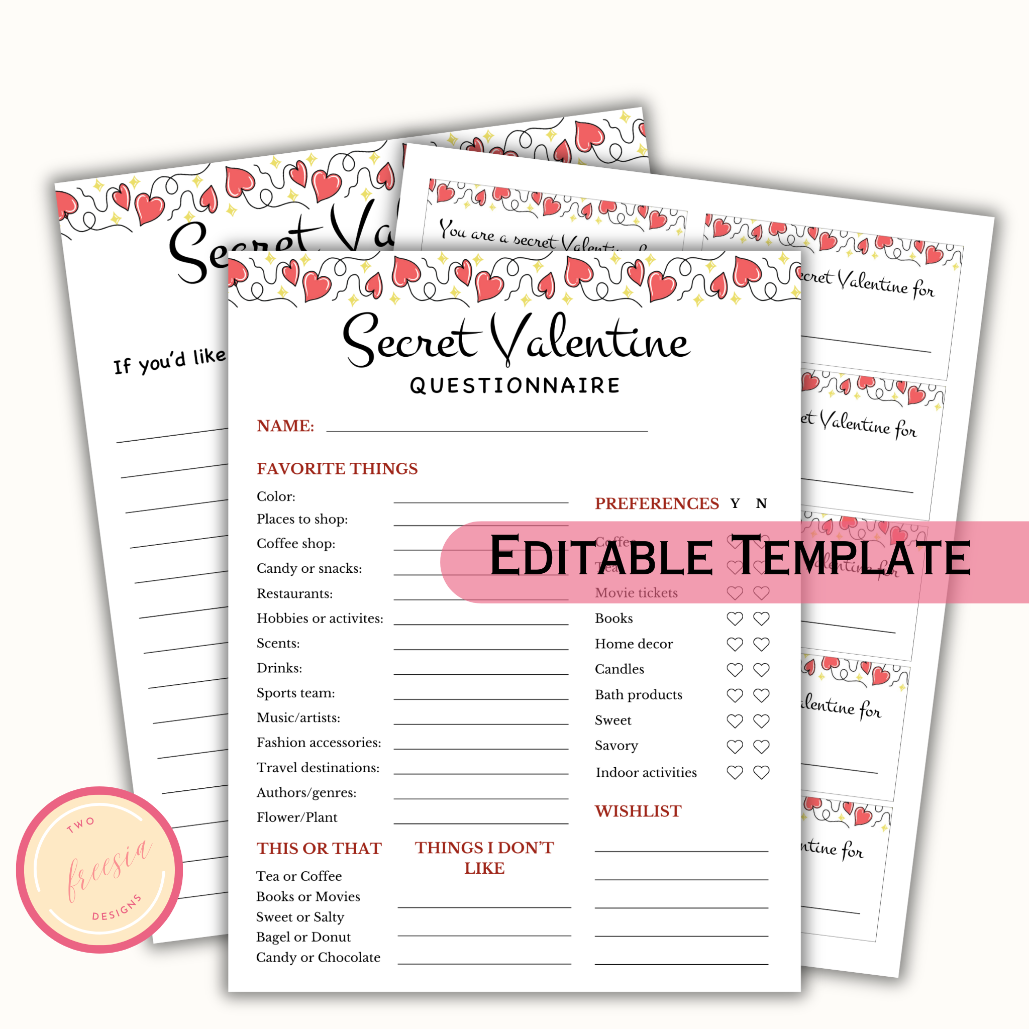 Secret Valentine Questionnaire - Editable Template