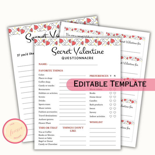 Secret Valentine Questionnaire - Editable Template