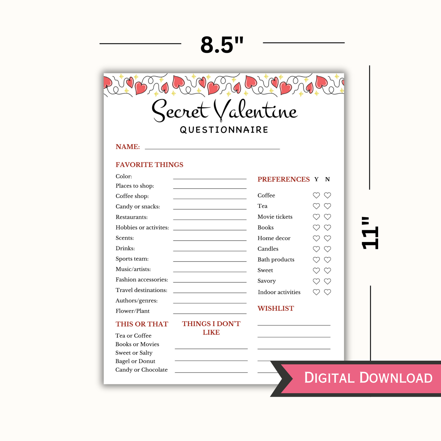 Secret Valentine Questionnaire - Editable Template