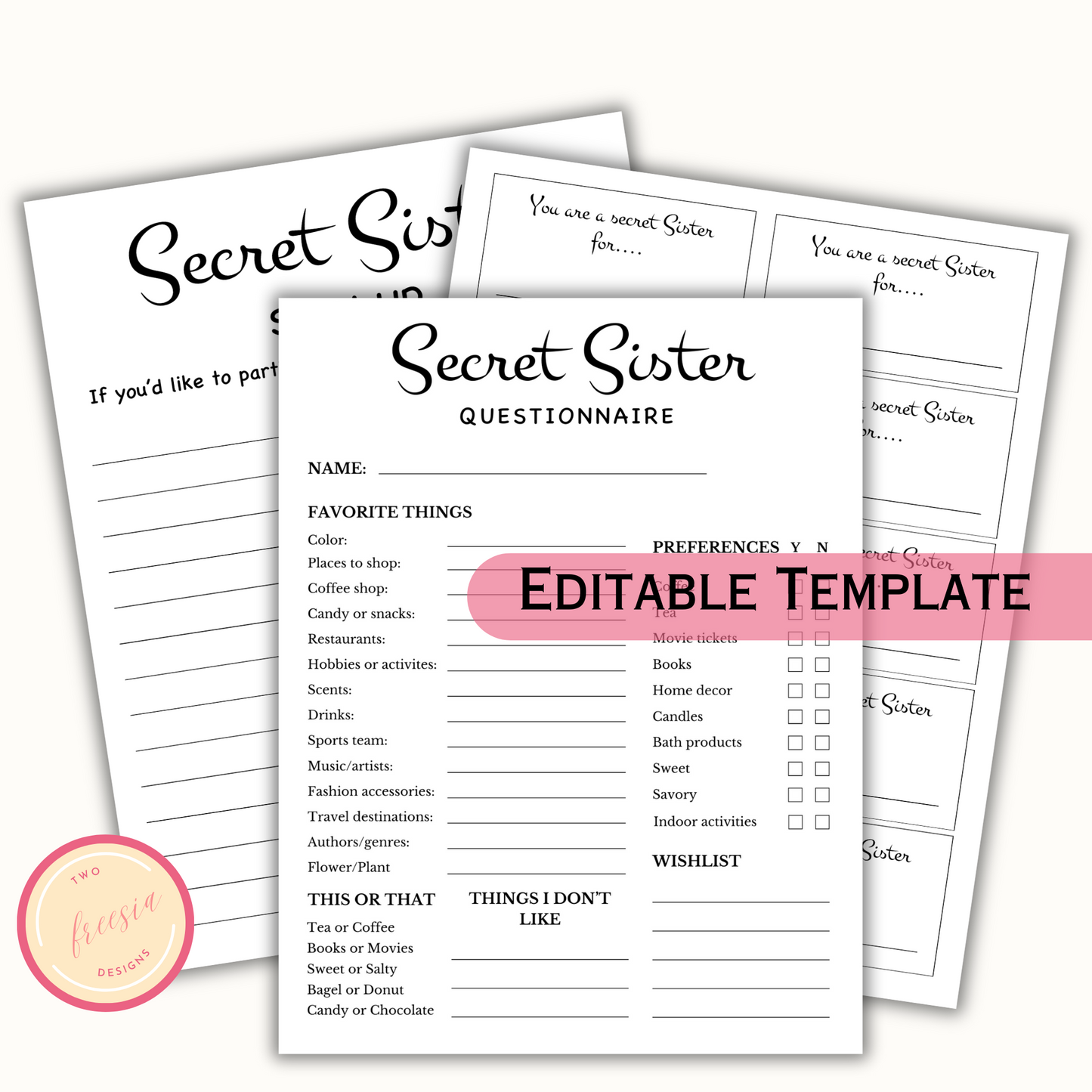 Secret Sister Questionnaire - Editable Template