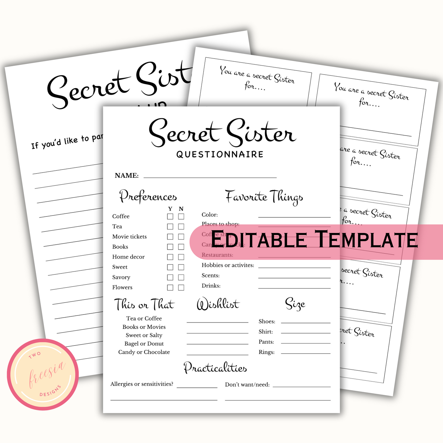 Editable Secret Sister Questionnaire Template