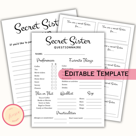 Editable Secret Sister Questionnaire Template