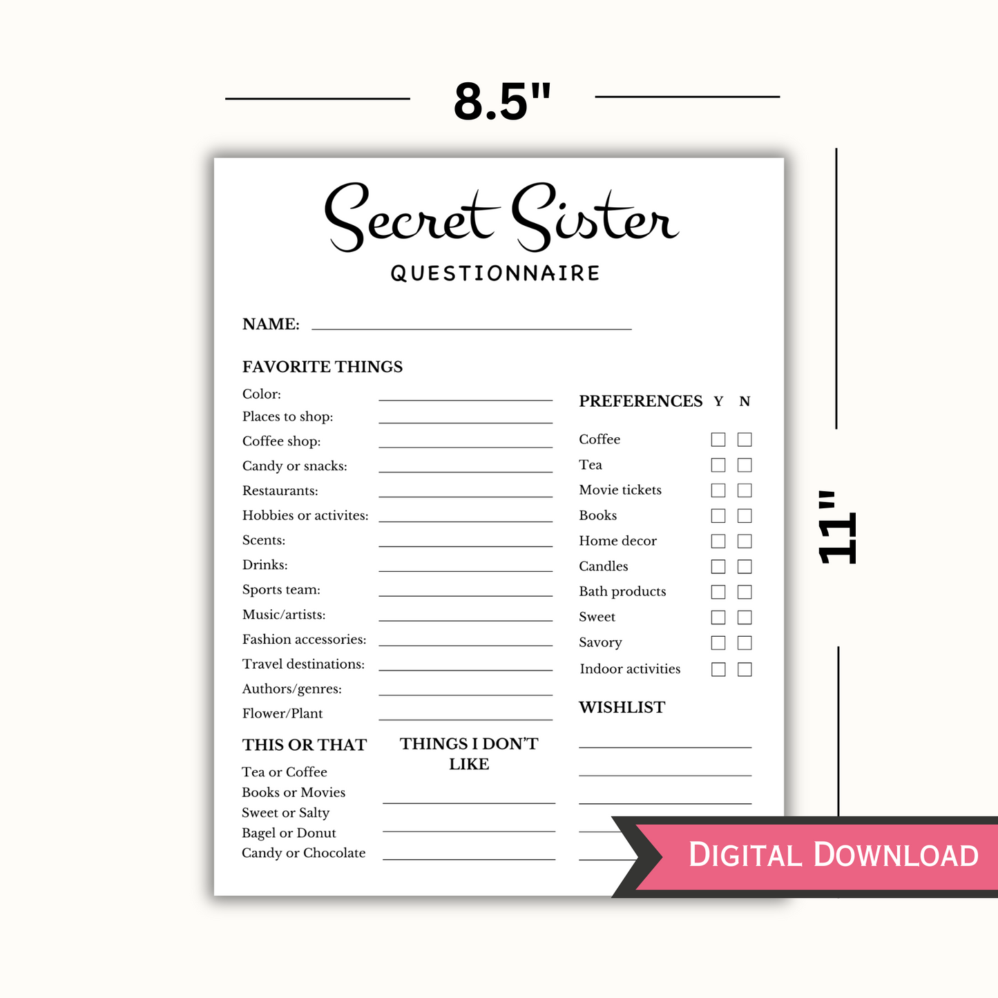 Secret Sister Questionnaire - Editable Template