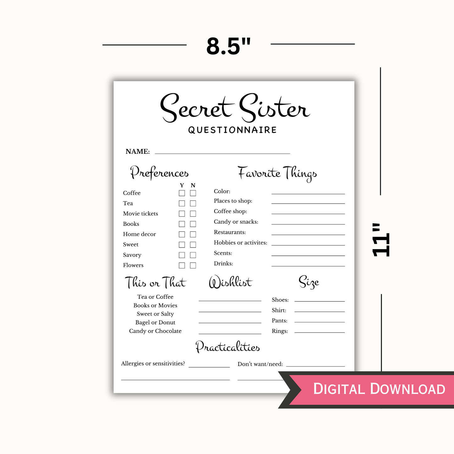 Editable Secret Sister Questionnaire Template