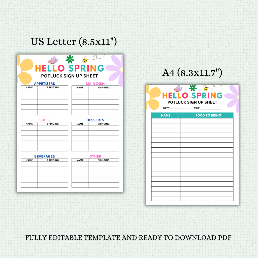 Spring Potluck Template Hello Spring Potluck Sign Up Sheet | Editable Template – 2freesiadesigns