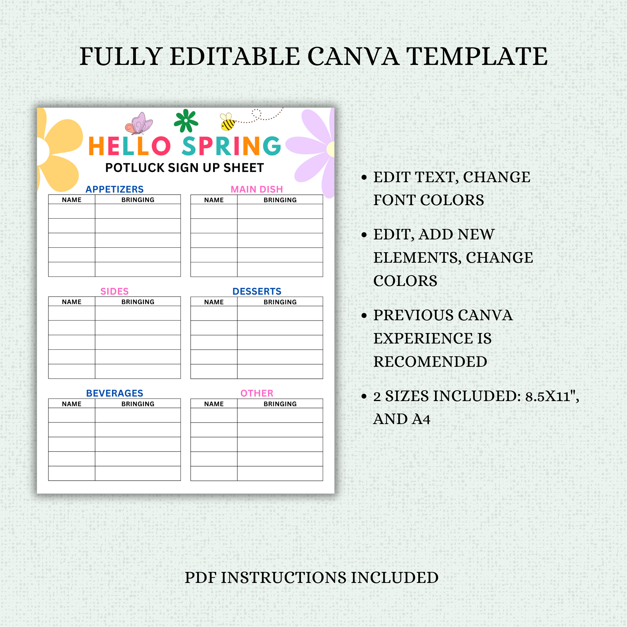 Spring Potluck Sign Up Sheet