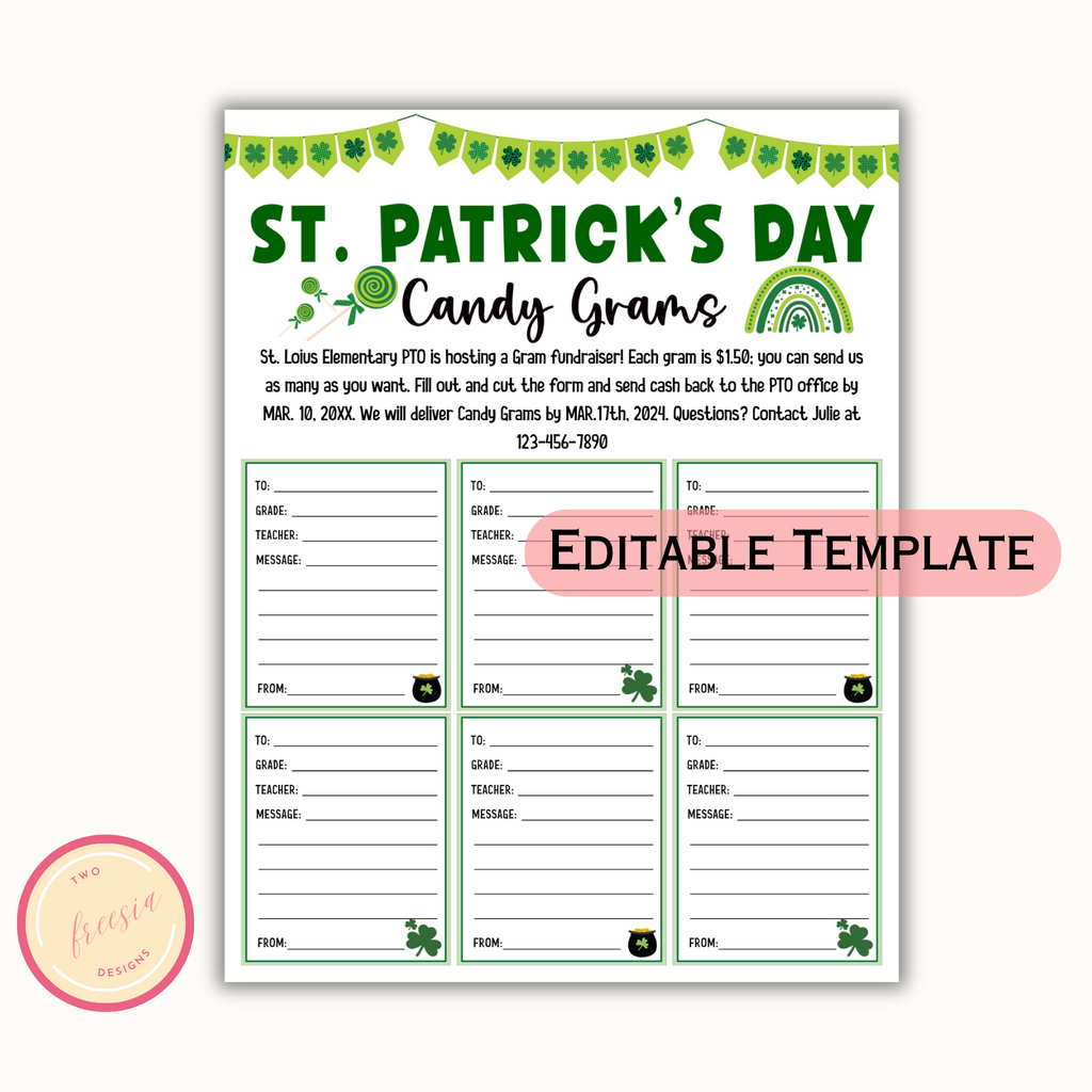 St. Patrick's Day Candy Gram PTO, PTA Fundraiser Template