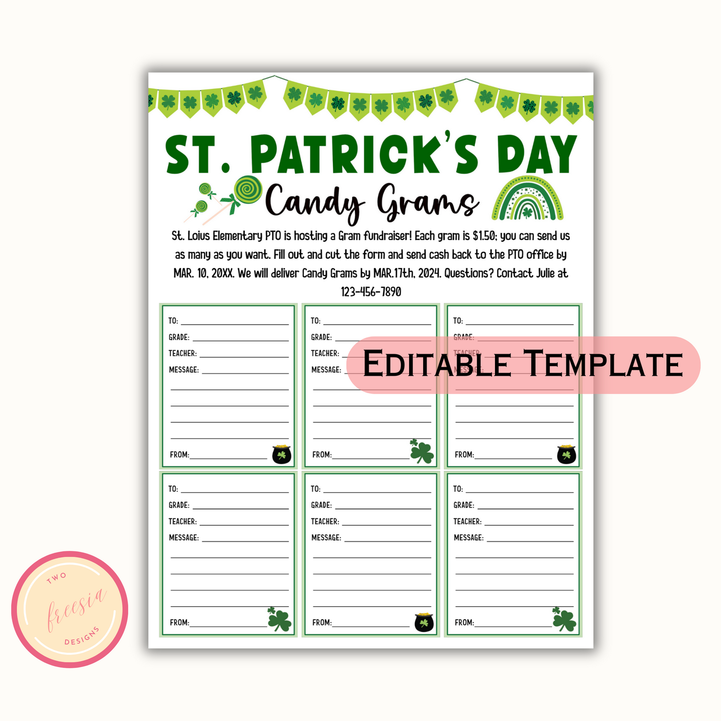 St. Patrick's Day Candy Gram PTO, PTA Fundraiser Template