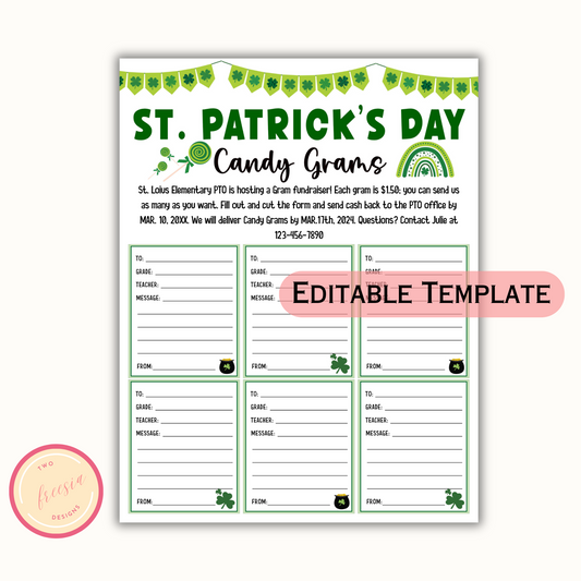 St. Patrick's Day Candy Gram PTO, PTA Fundraiser Template