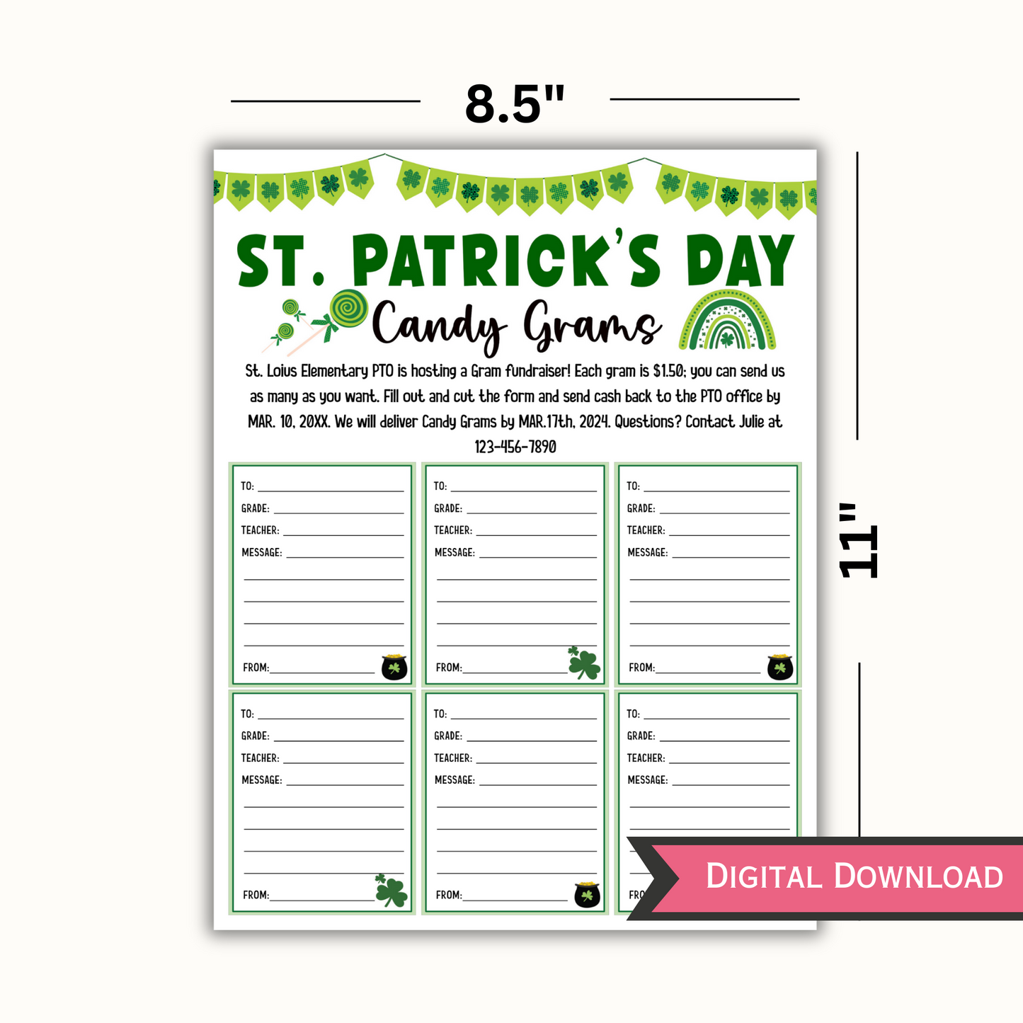 St. Patrick's Day Candy Gram PTO, PTA Fundraiser Template