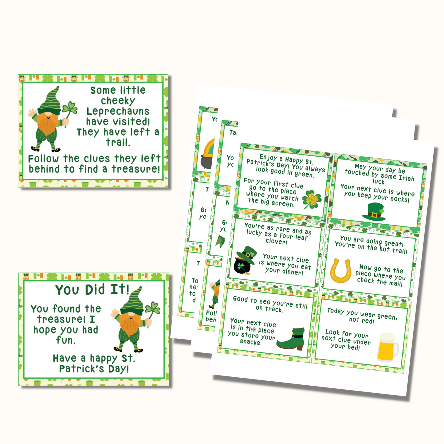 St. Patrick's Day Treasure Hunt - 16 Clue Cards