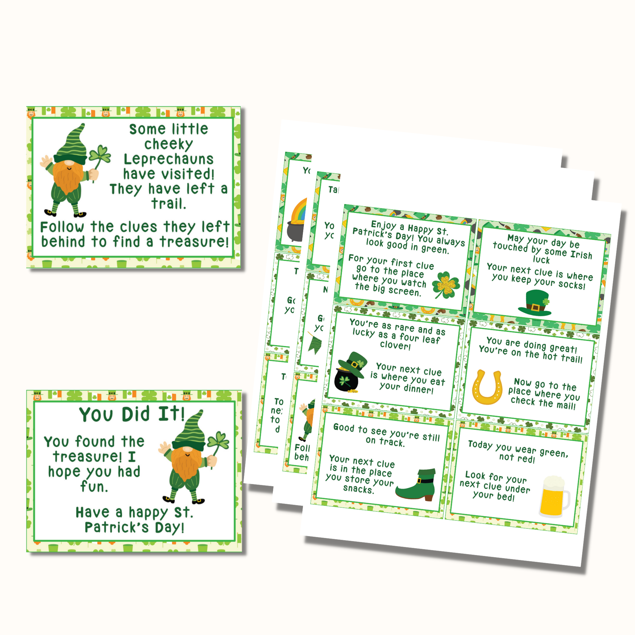 St. Patrick's Day Treasure Hunt - 16 Clue Cards
