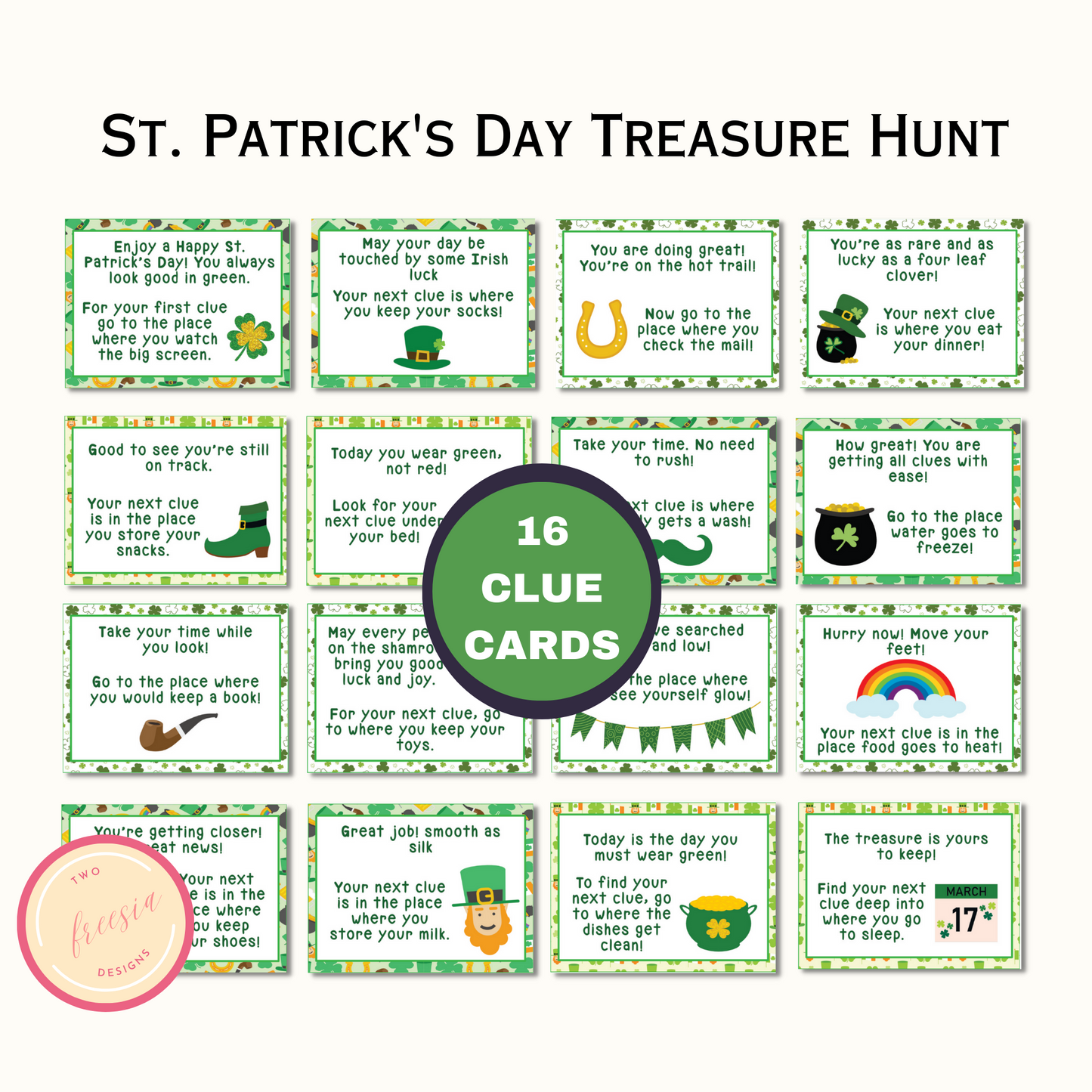 St. Patrick's Day Treasure Hunt - 16 Clue Cards