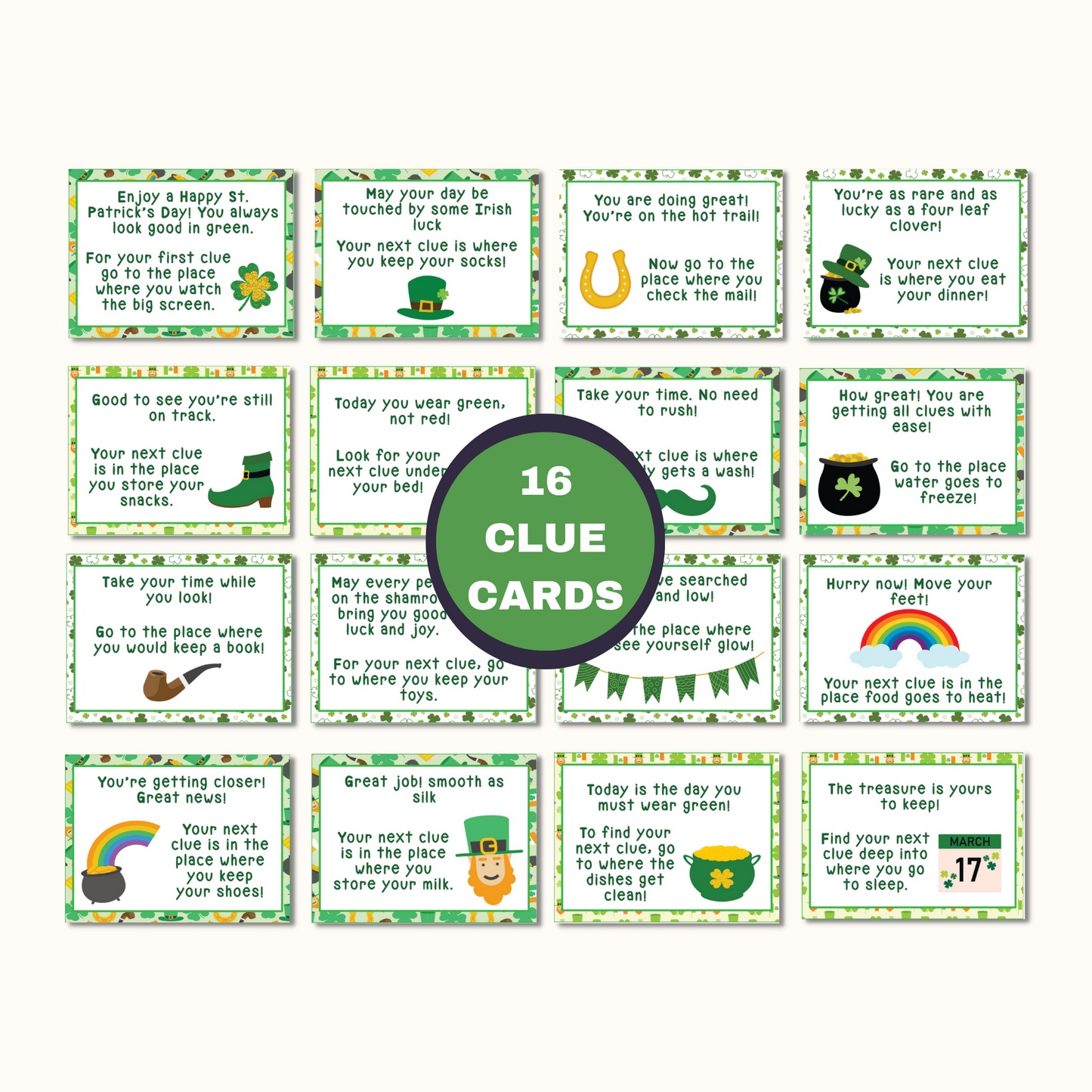 St. Patrick's Day Treasure Hunt - 16 Clue Cards