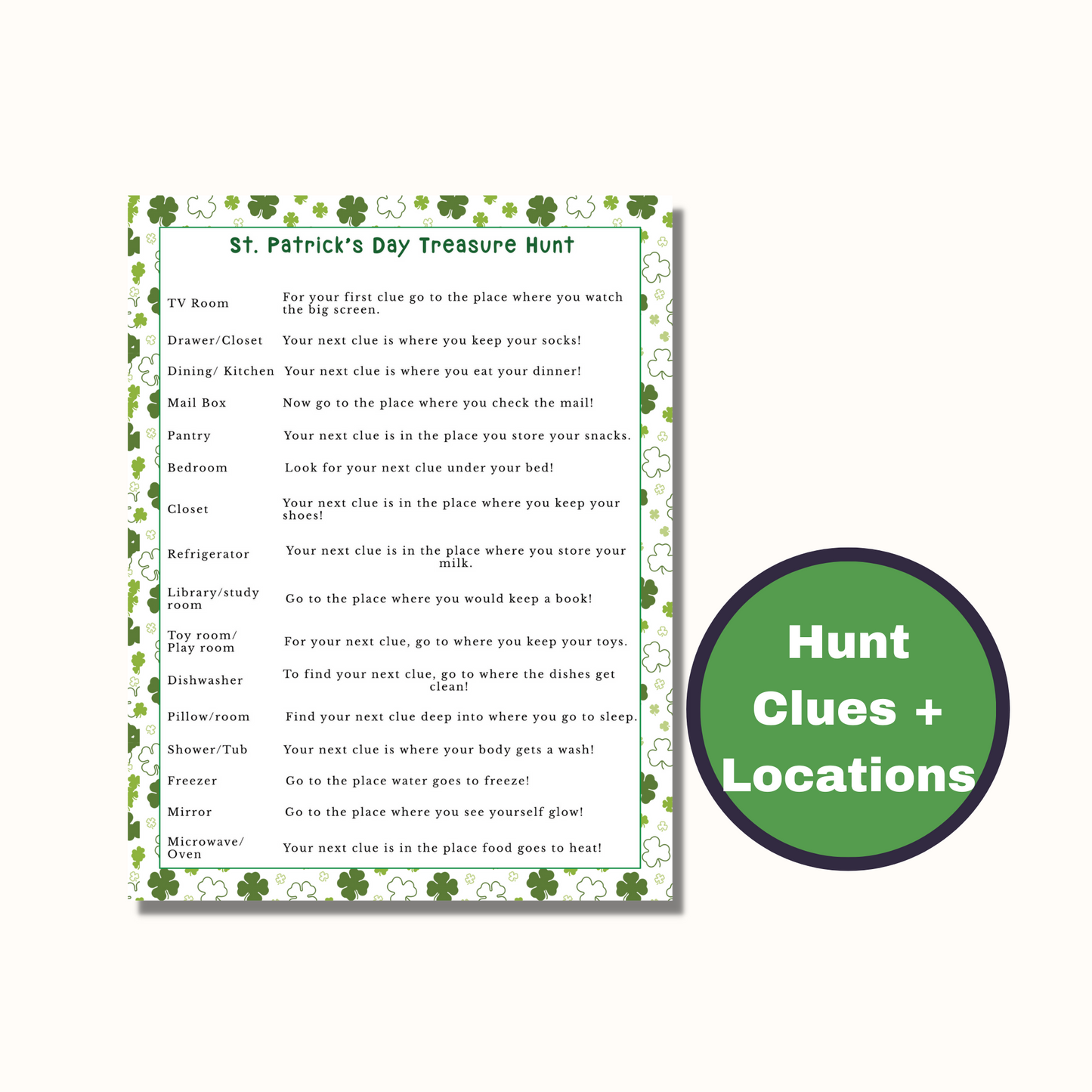 St. Patrick's Day Treasure Hunt - 16 Clue Cards