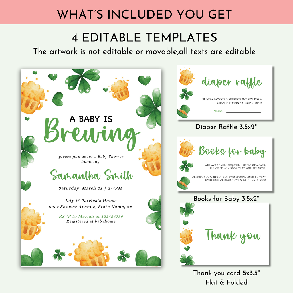 A Baby is Brewing - Editable St Patrick's Baby Shower Invitation Bundle