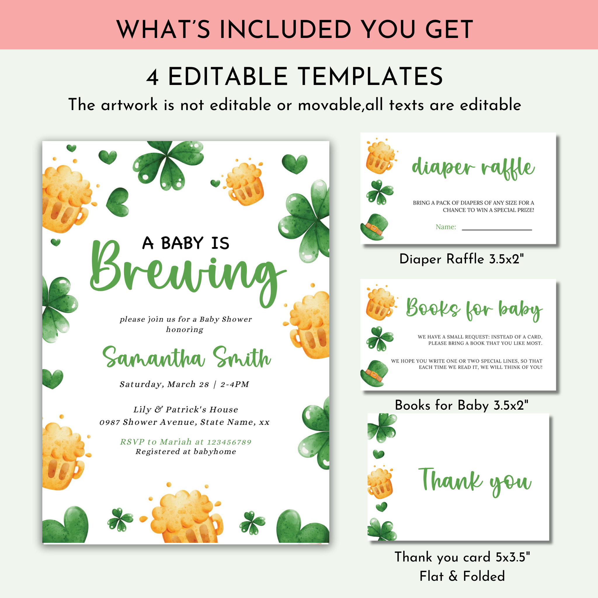A Baby is Brewing - Editable St Patrick's Baby Shower Invitation Bundle