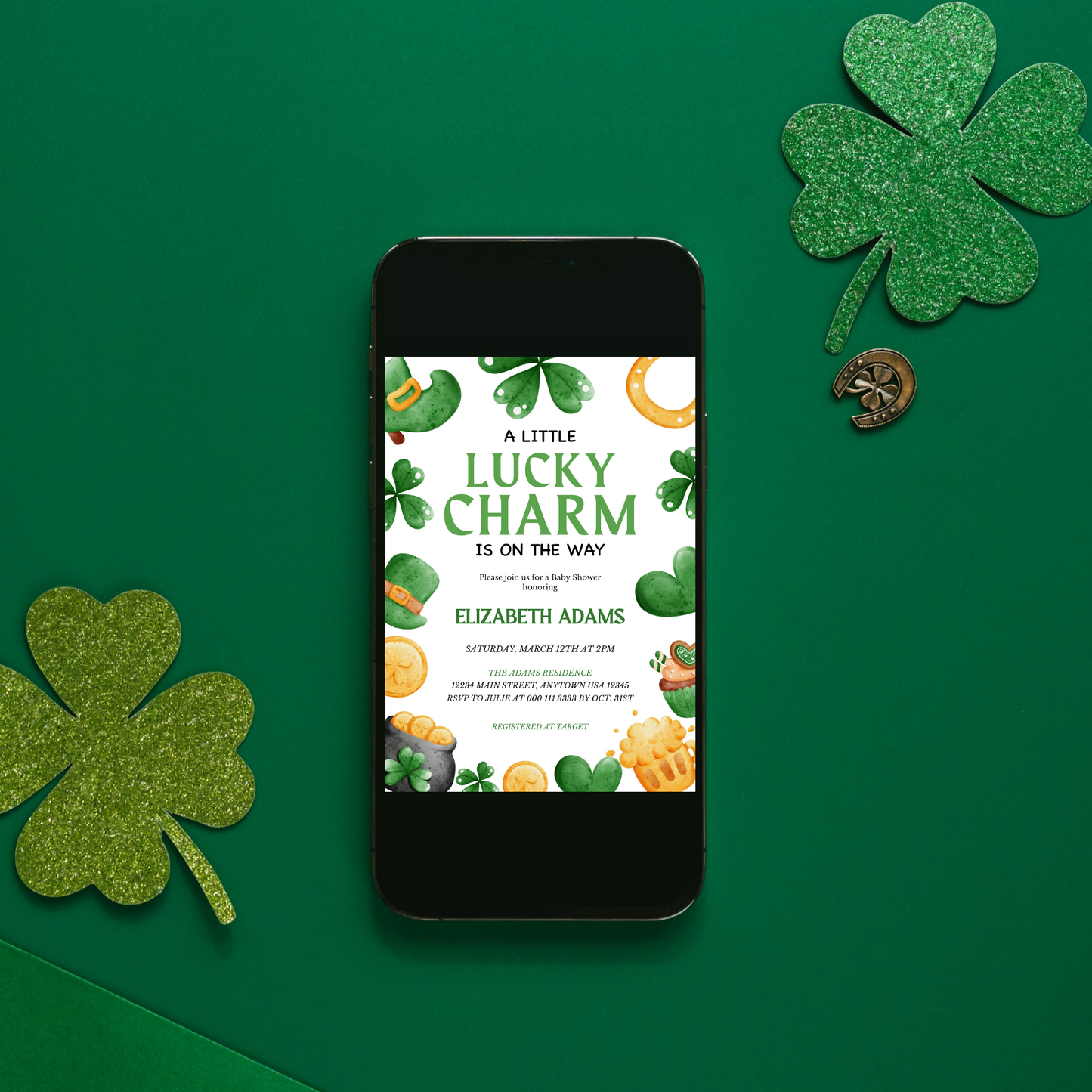 A Lucky Charm on the Way Baby Shower Invitation Bundle Editable - St Patrick's Day