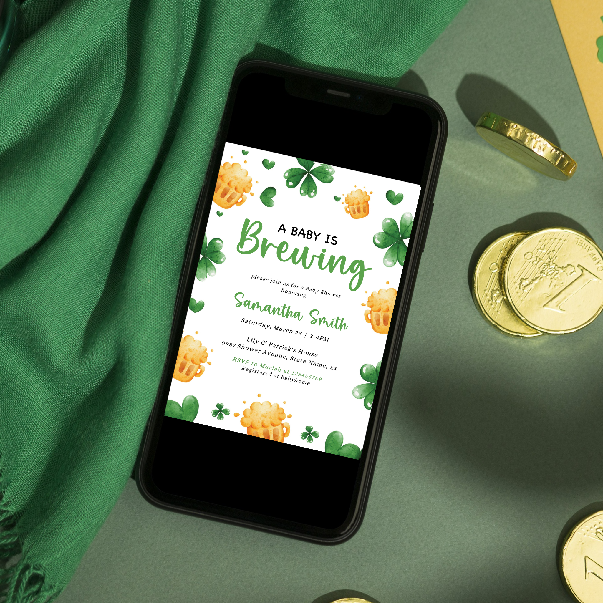 A Baby is Brewing - Editable St Patrick's Baby Shower Invitation Bundle