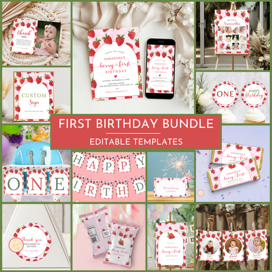 Strawberry 1st Birthday Template Bundle #1