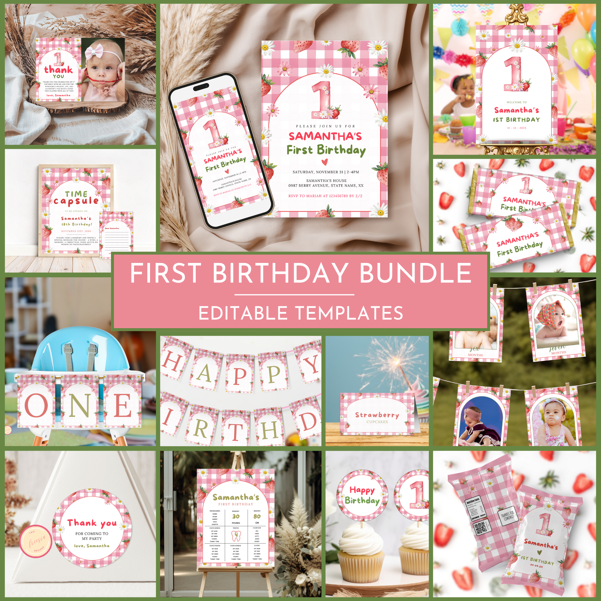 Strawberry 1st Birthday Template Bundle #2
