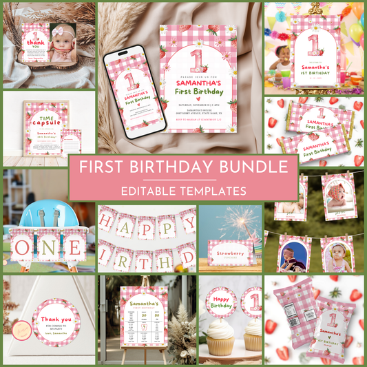 Strawberry 1st Birthday Template Bundle #2