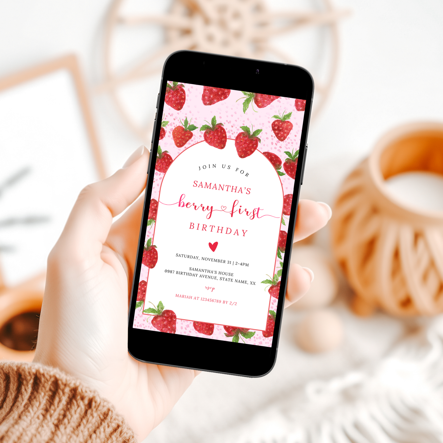 Strawberry 1st Birthday Invitation