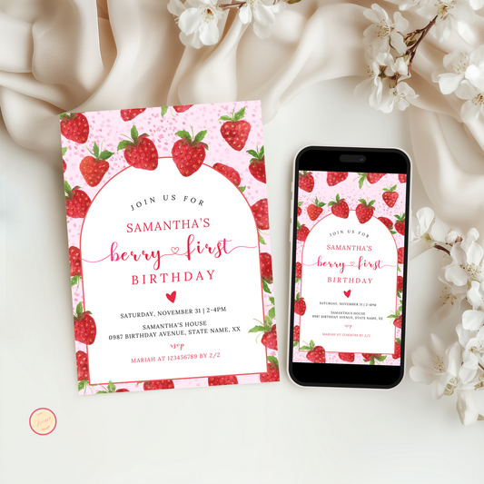 Strawberry 1st Birthday Invitation