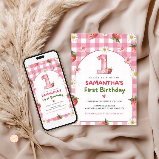 Strawberry First Birthday Invitation