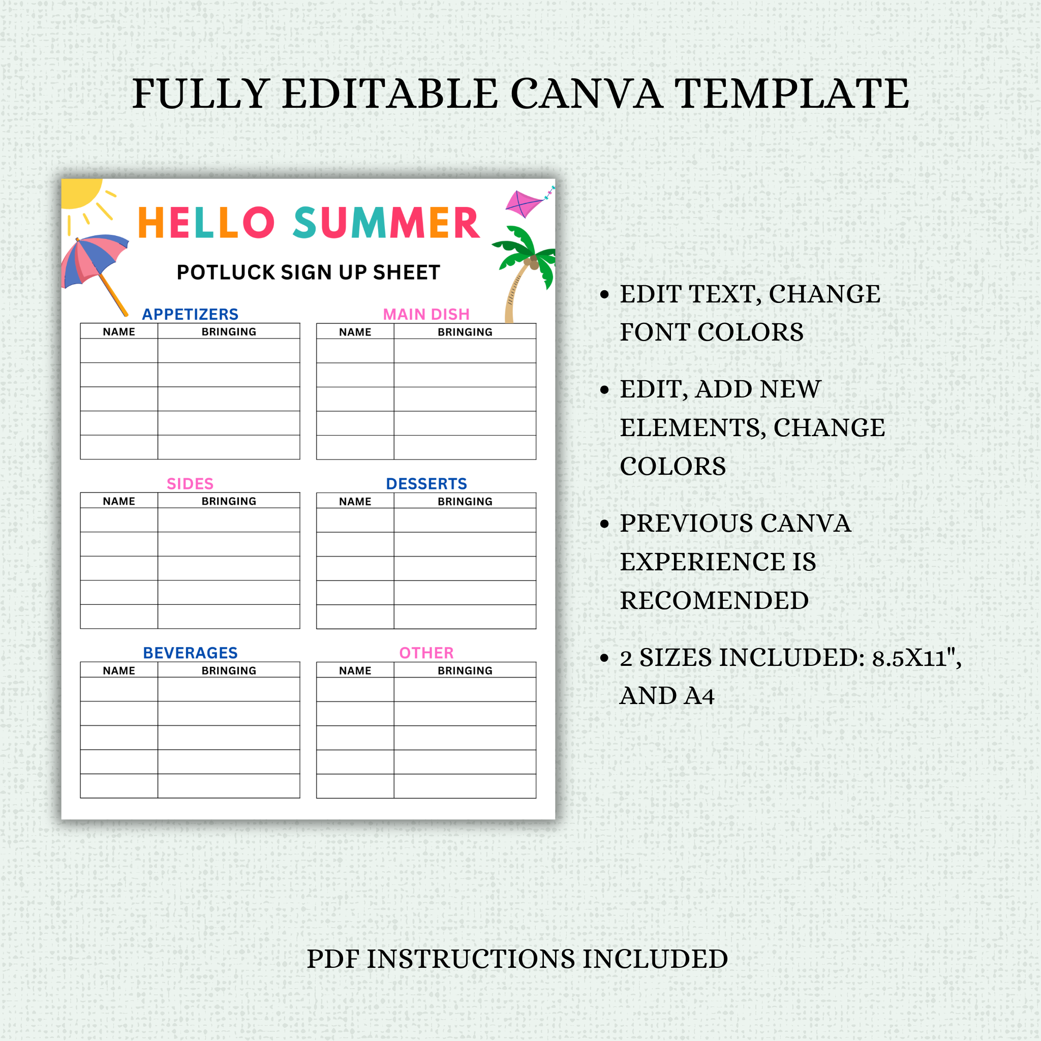 Summer Potluck Sign Up Sheet