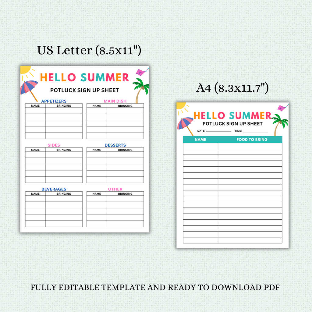 Summer Potluck Sign Up Sheet