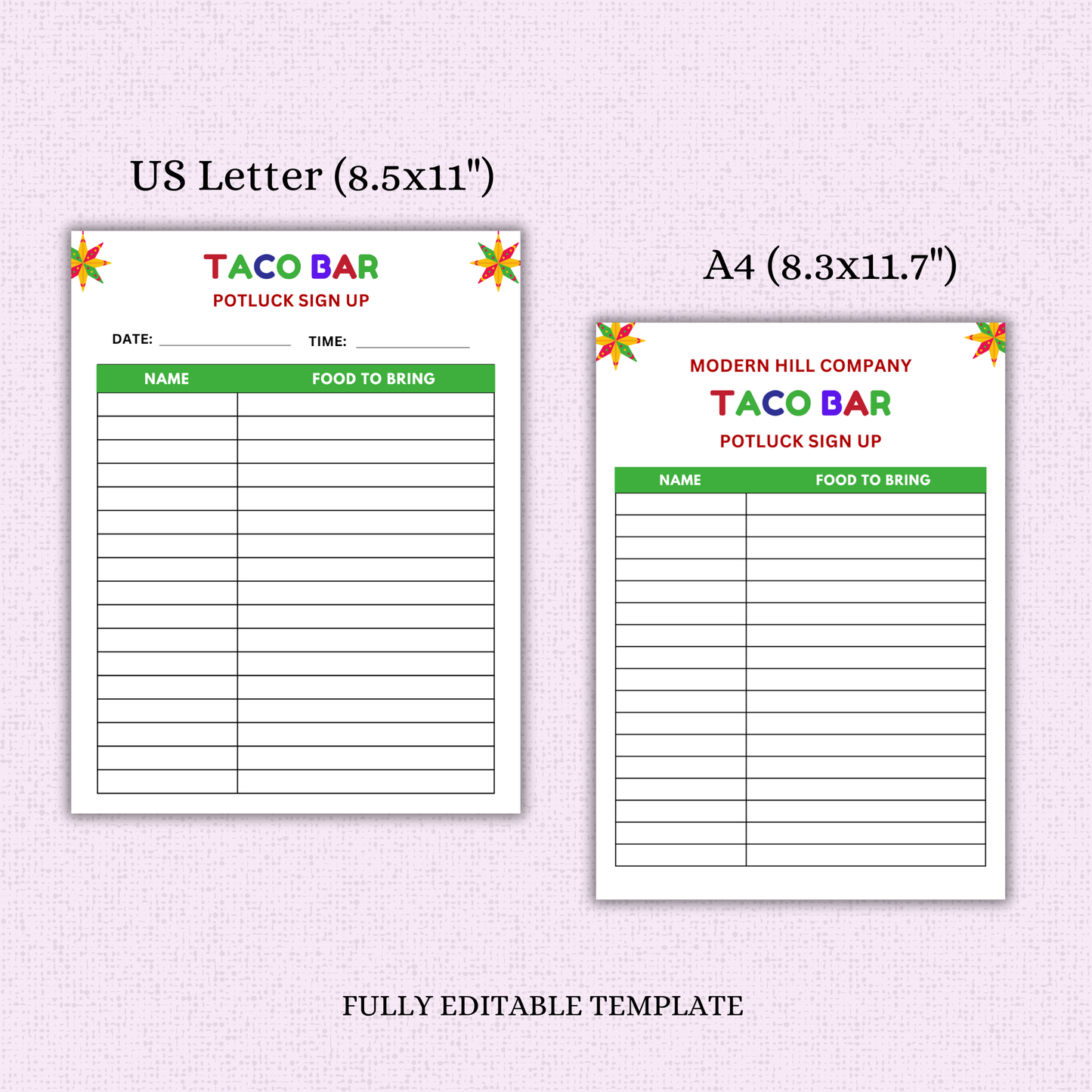 Taco Bar Potluck Sign-up Sheet Template