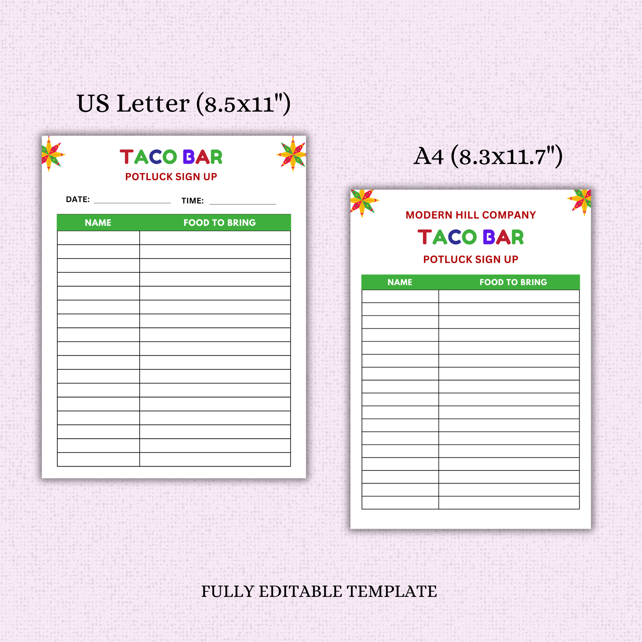 Taco Bar Potluck Sign-up Sheet Template
