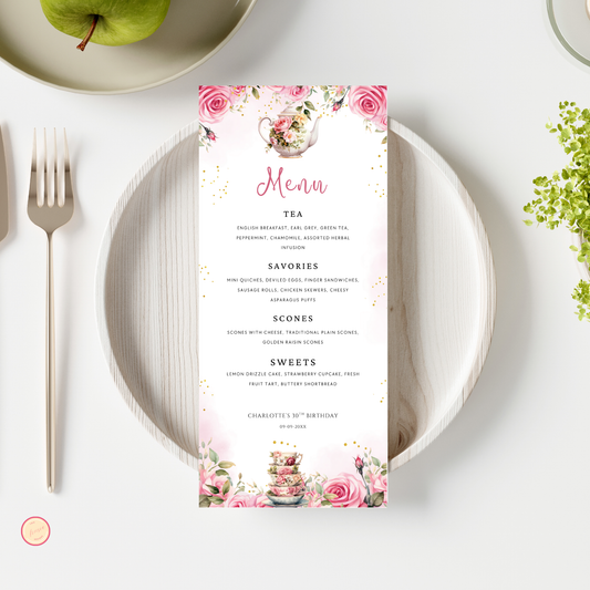 Tea Party Menu Template - Pink Floral