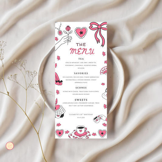 Tea Party Menu Template - Pink Bow