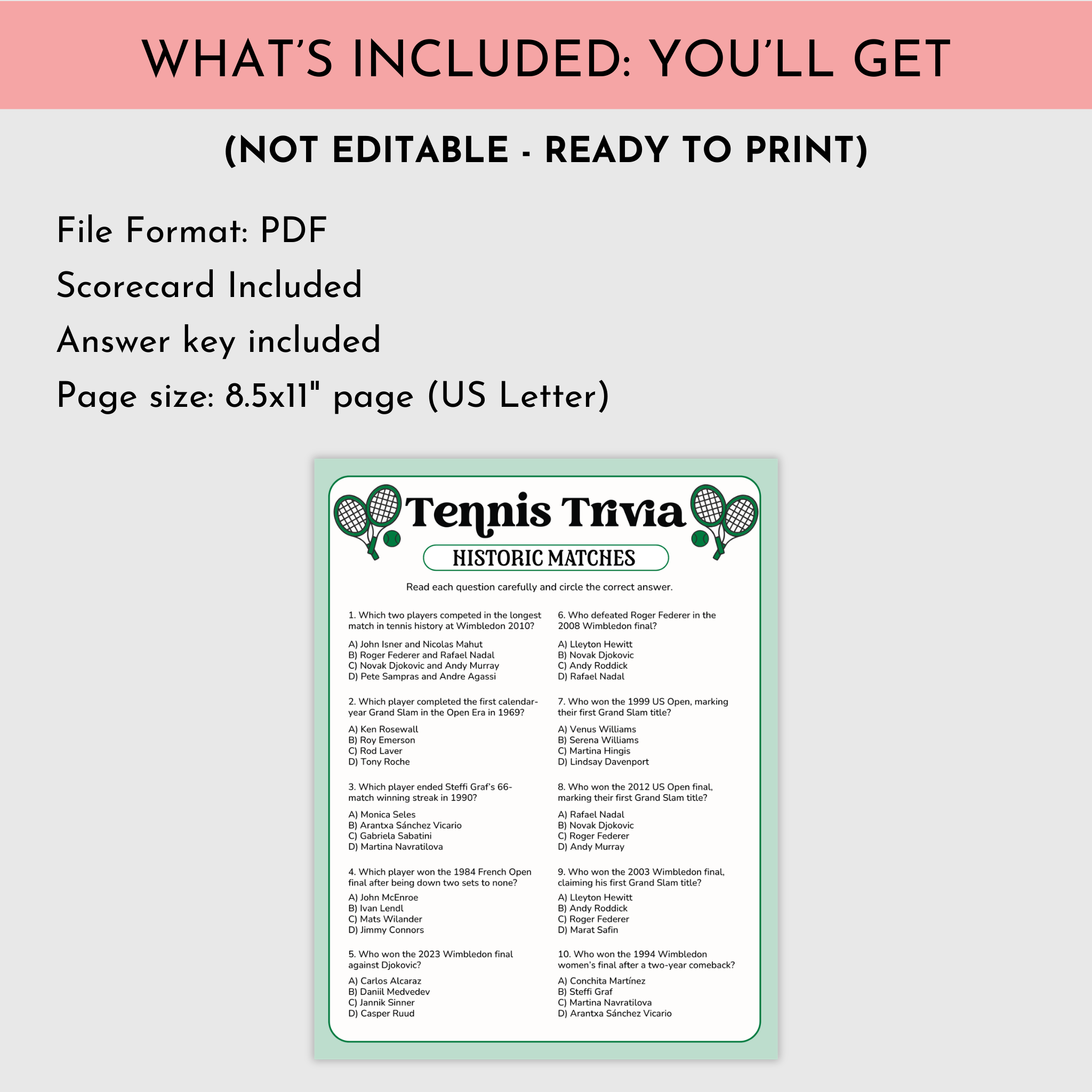 Tennis Historic Matches Trivia Game
