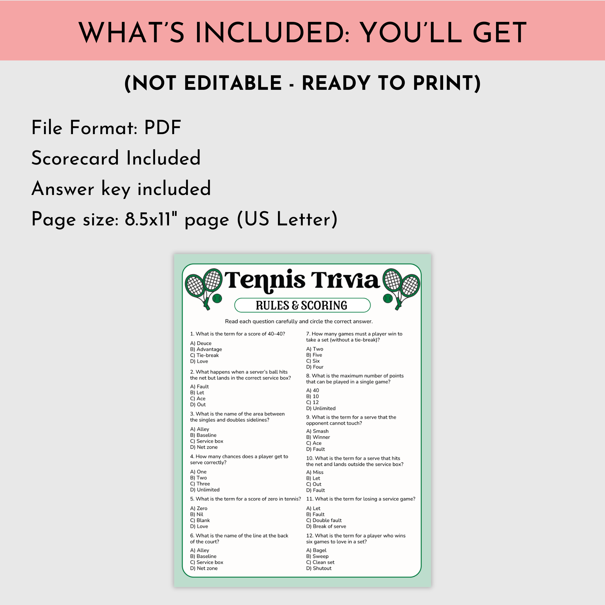 Tennis Rules Trivia Game