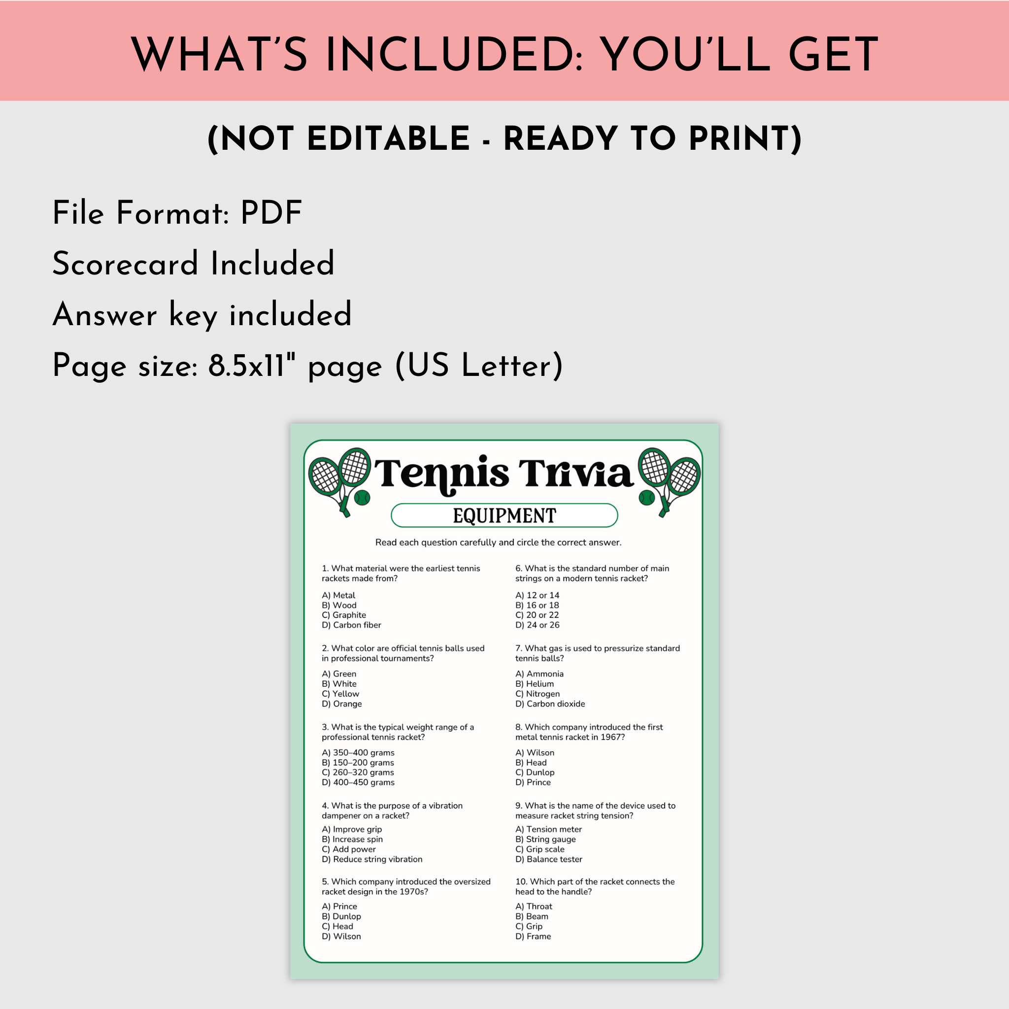 Tennis Equipment Trivia Game