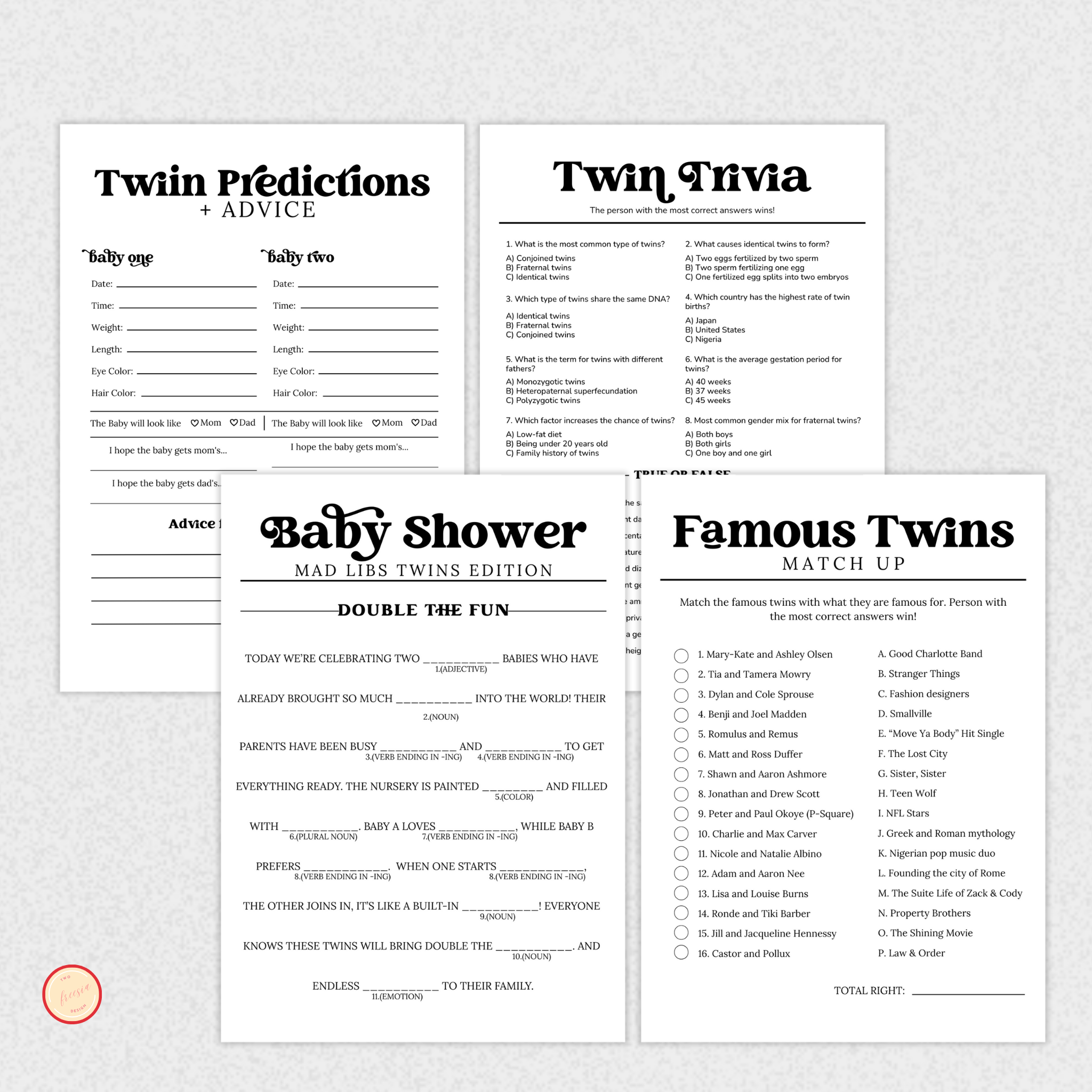 4 Twins Baby Shower Games