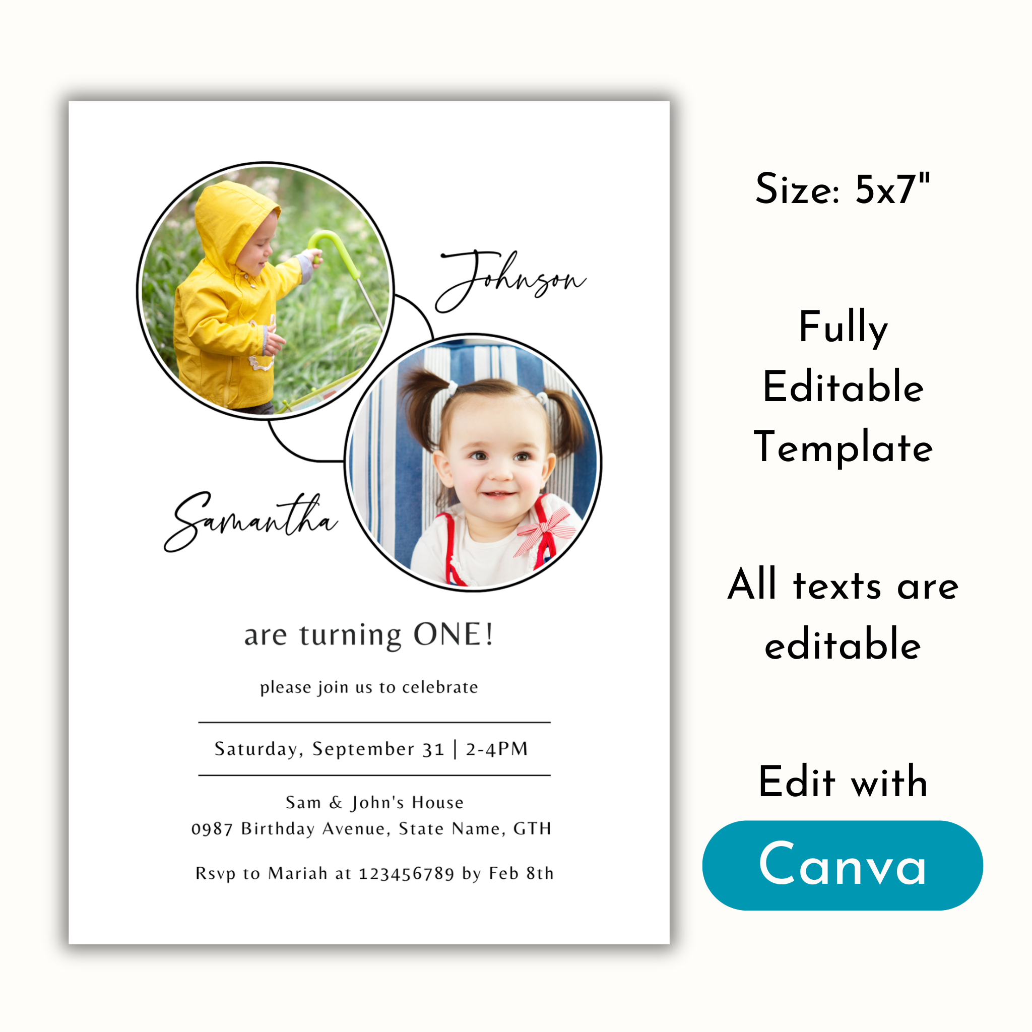 Twin First Birthday Invitation Template