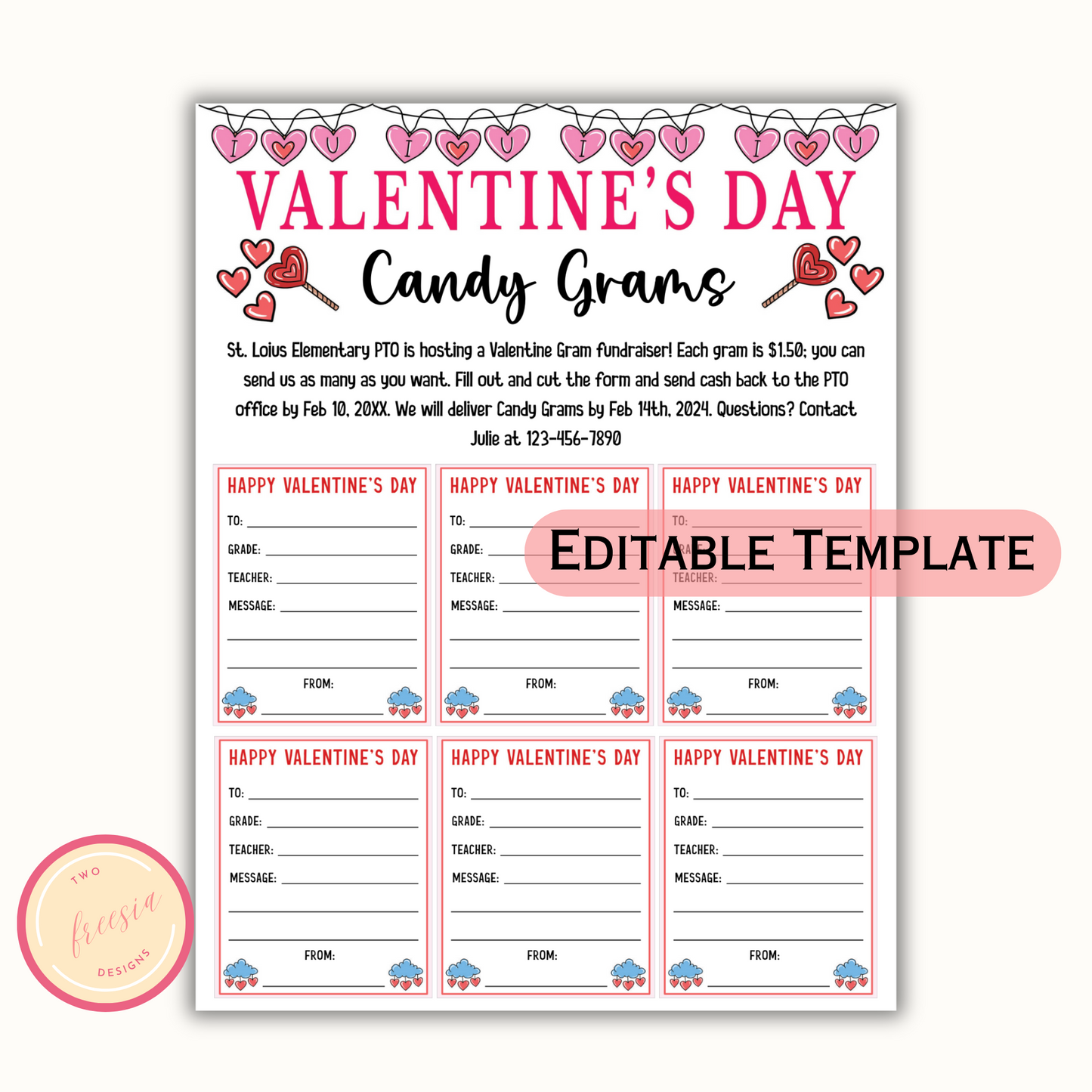 Valentine's Day Editable Candy Gram Template