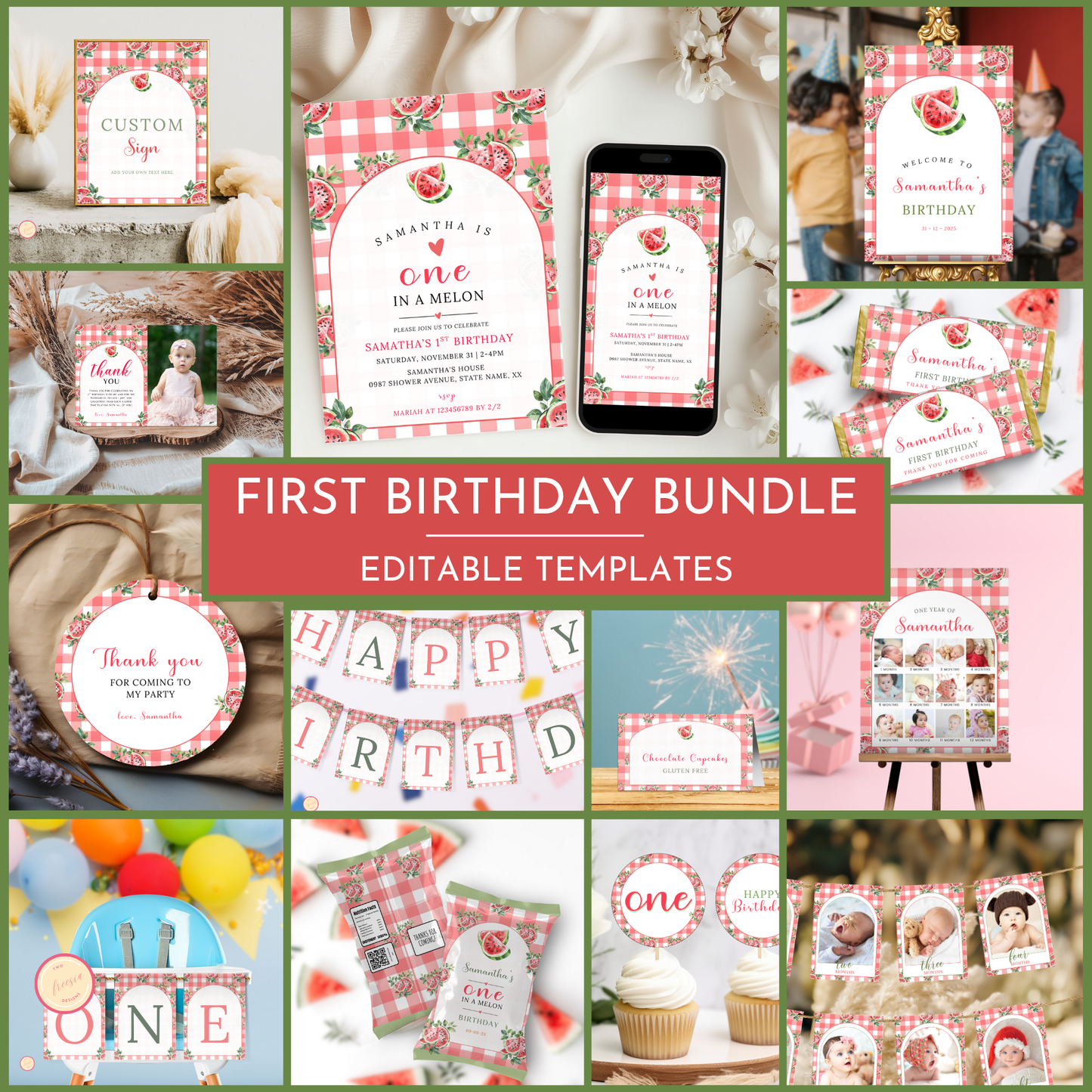 Watermelon 1st Birthday Template Bundle #1