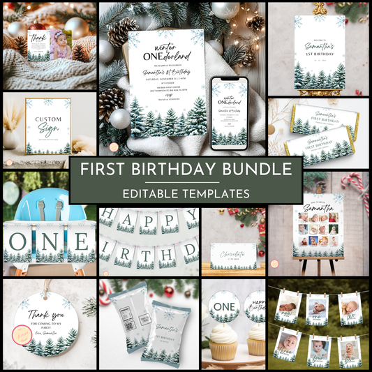 Winter 1st Birthday Template Bundle | Woodland