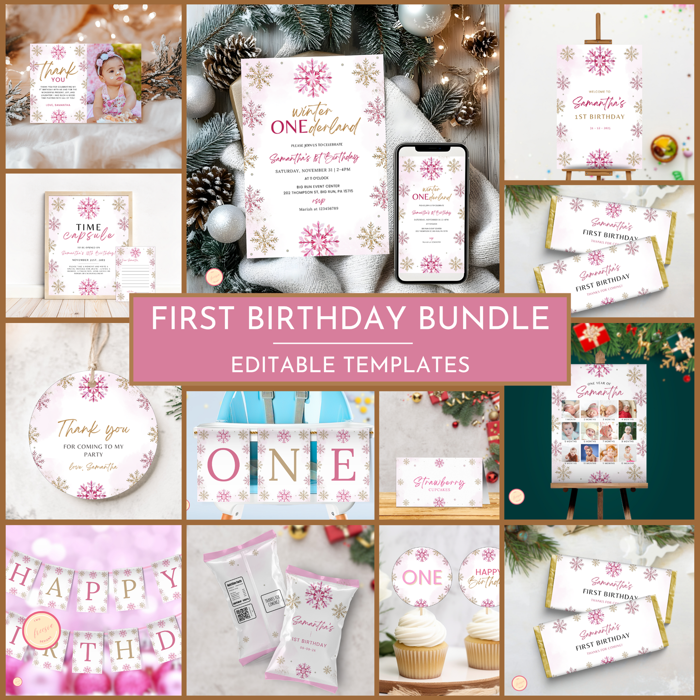 Winter 1st Birthday Template Bundle | Pink