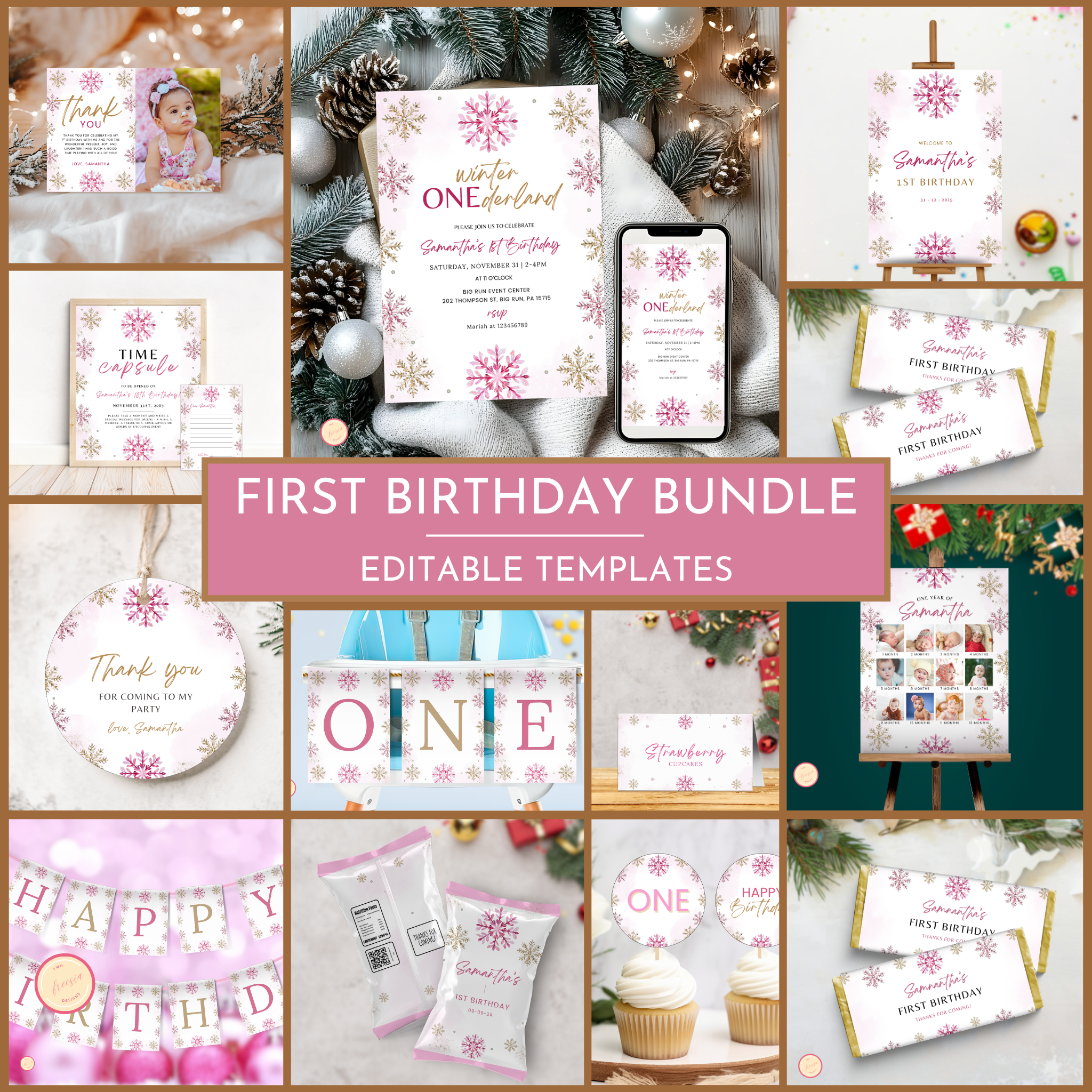 Winter 1st Birthday Template Bundle | Pink