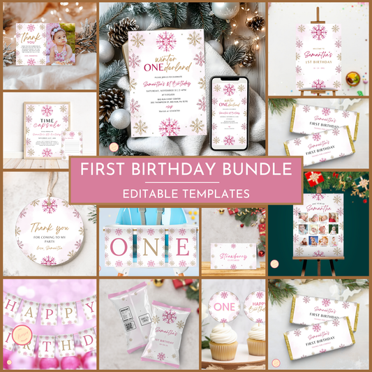 Winter 1st Birthday Template Bundle | Pink